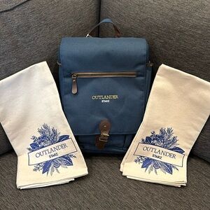 NWT- Outlander Branded- Navy Moreno Wine & Cheese Tote & Kitchen Towels